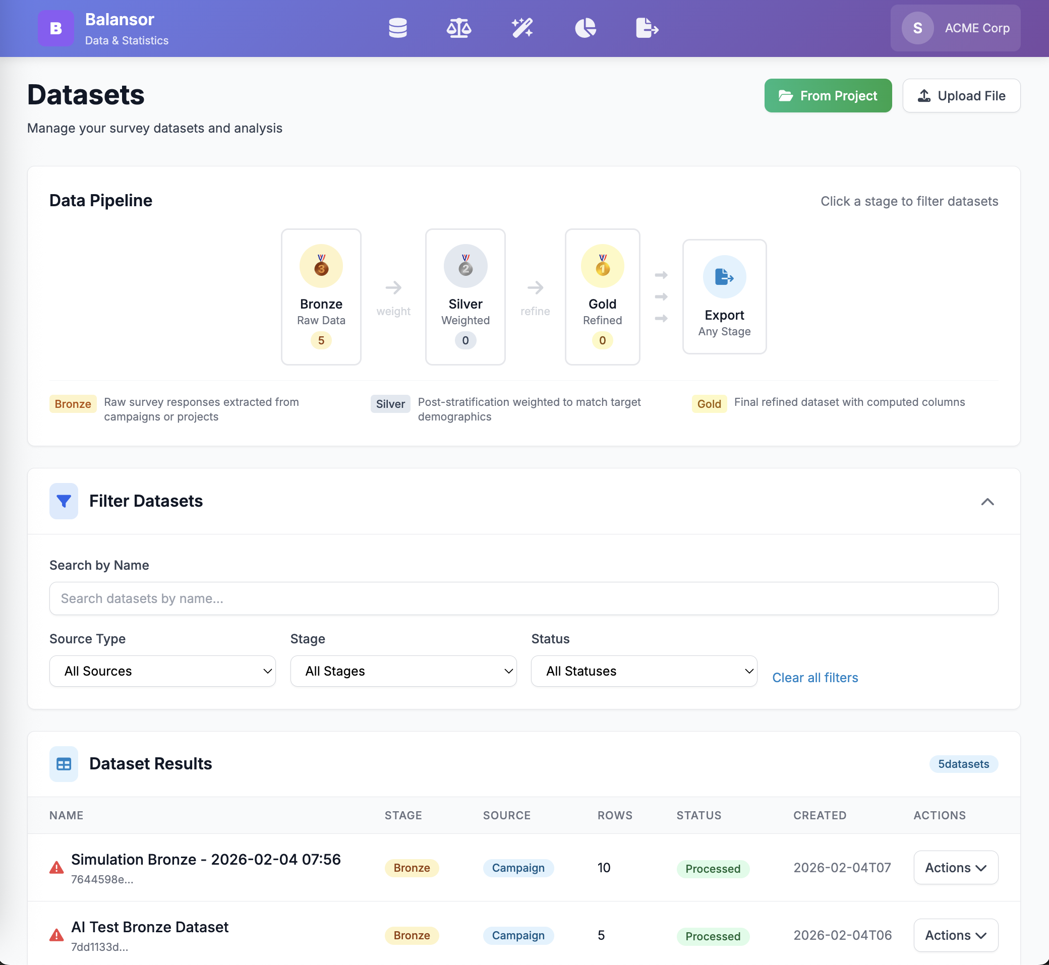Balansor - Medallion data pipeline with Bronze, Silver, Gold stages, quality metrics, and multi-format export