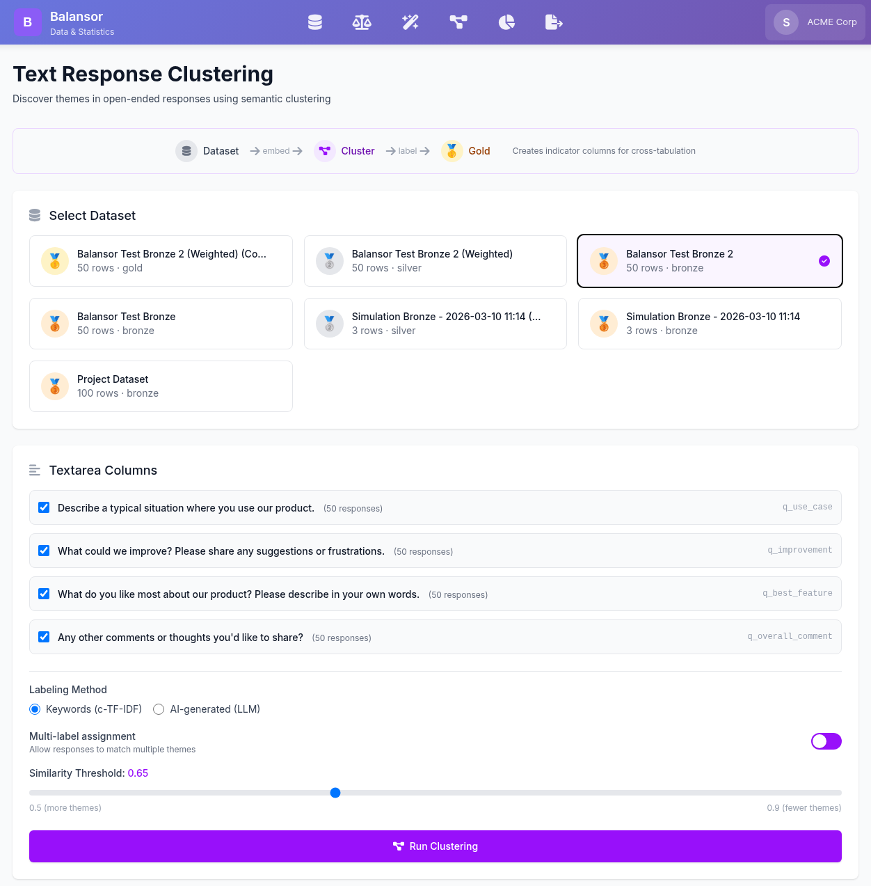Balansor - Semantic clustering of open-ended survey responses with multi-theme detection and LLM labeling