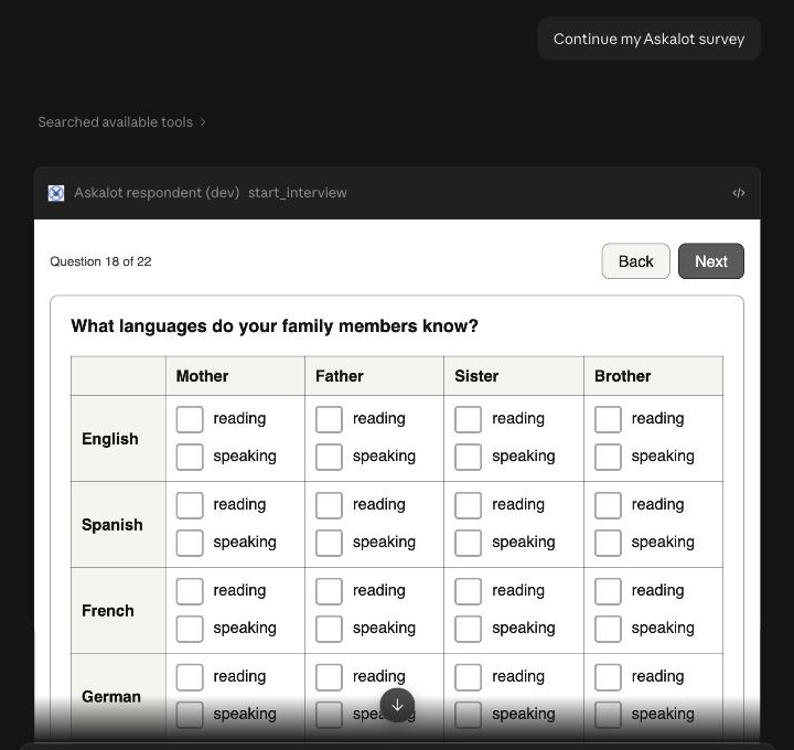 AI-assisted interview - an Askalot survey panel inside a Claude chat, with the question, its answer controls and Back and Next buttons