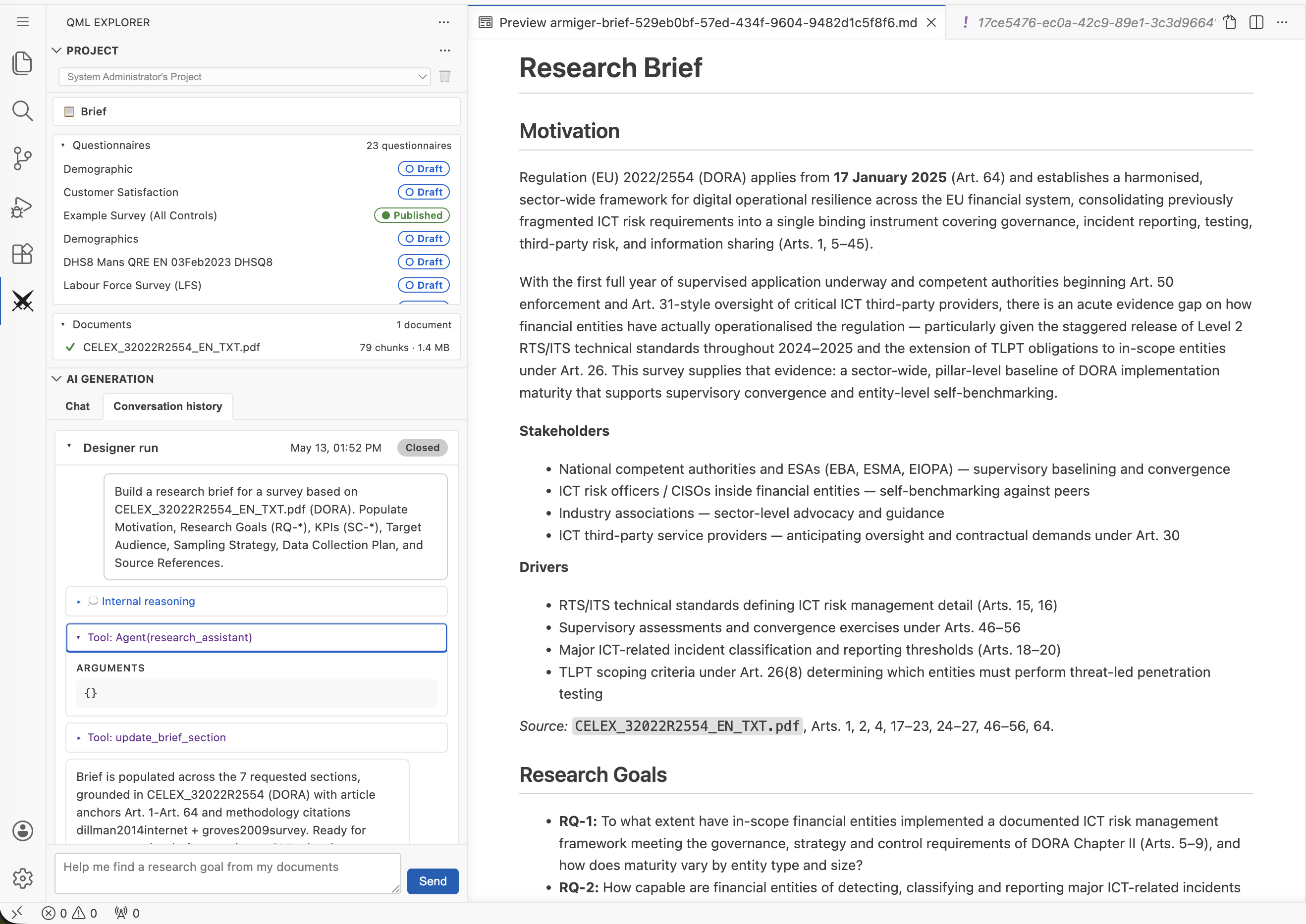 Armiger - the Research Assistant agent producing a structured Research Brief (research goal, measurable metrics, KPIs, target audience) from uploaded research materials