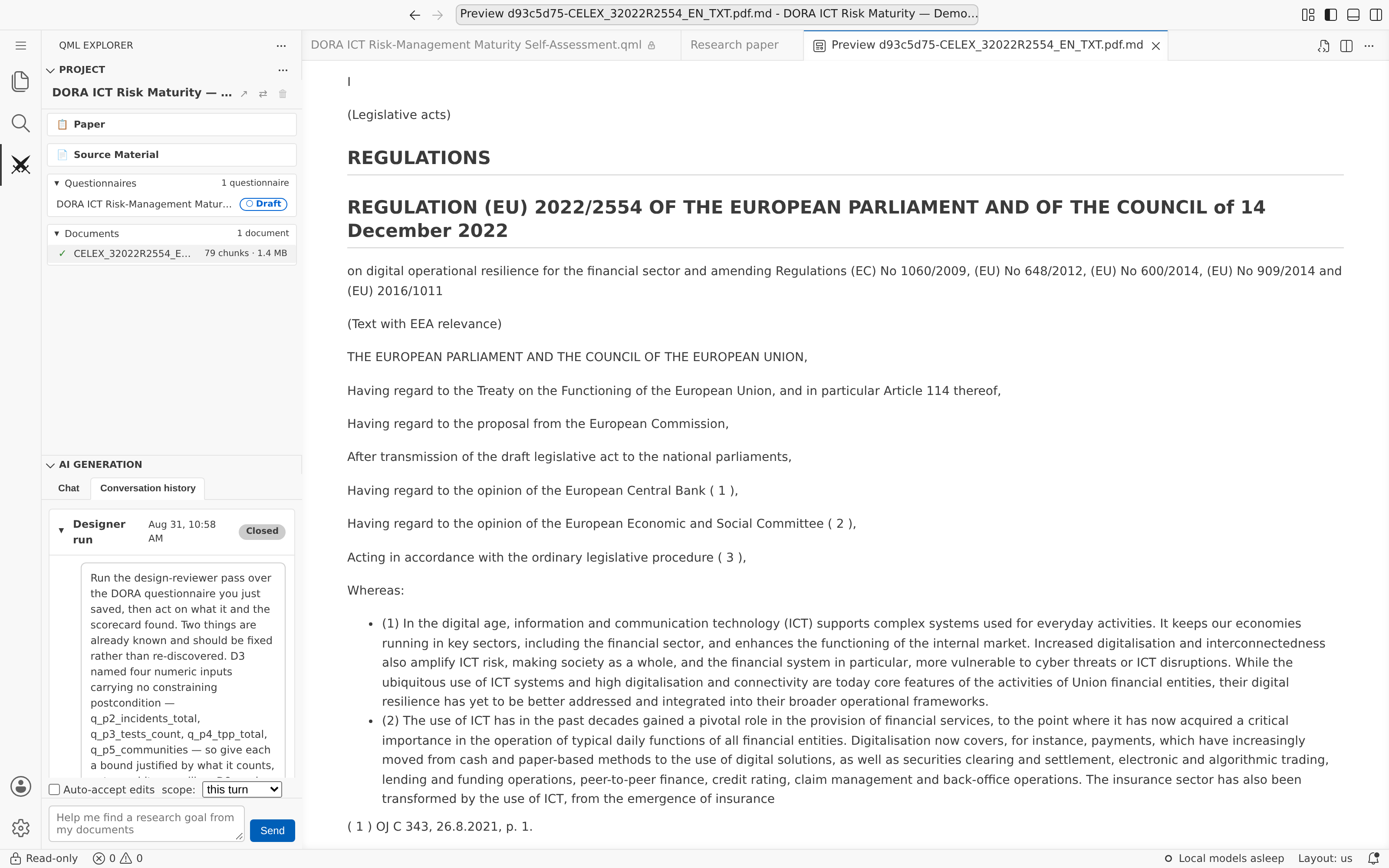 Armiger editor — the uploaded DORA regulation (EU 2022/2554), indexed into 79 chunks and read as text beside the project panel