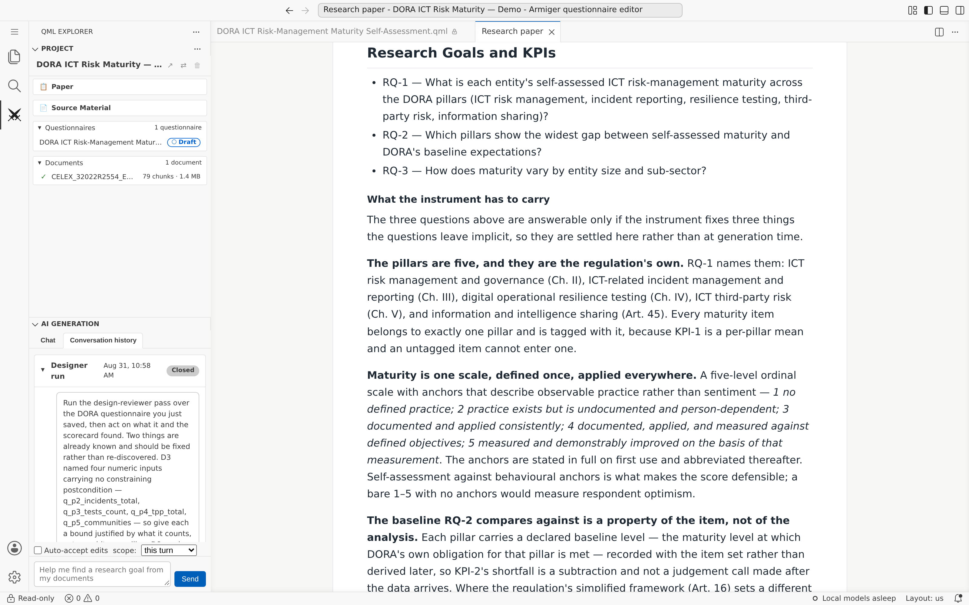 Armiger editor — the DORA Demo project&rsquo;s Research Paper open at its research questions, beside the indexed regulation and the conversation history with the agents