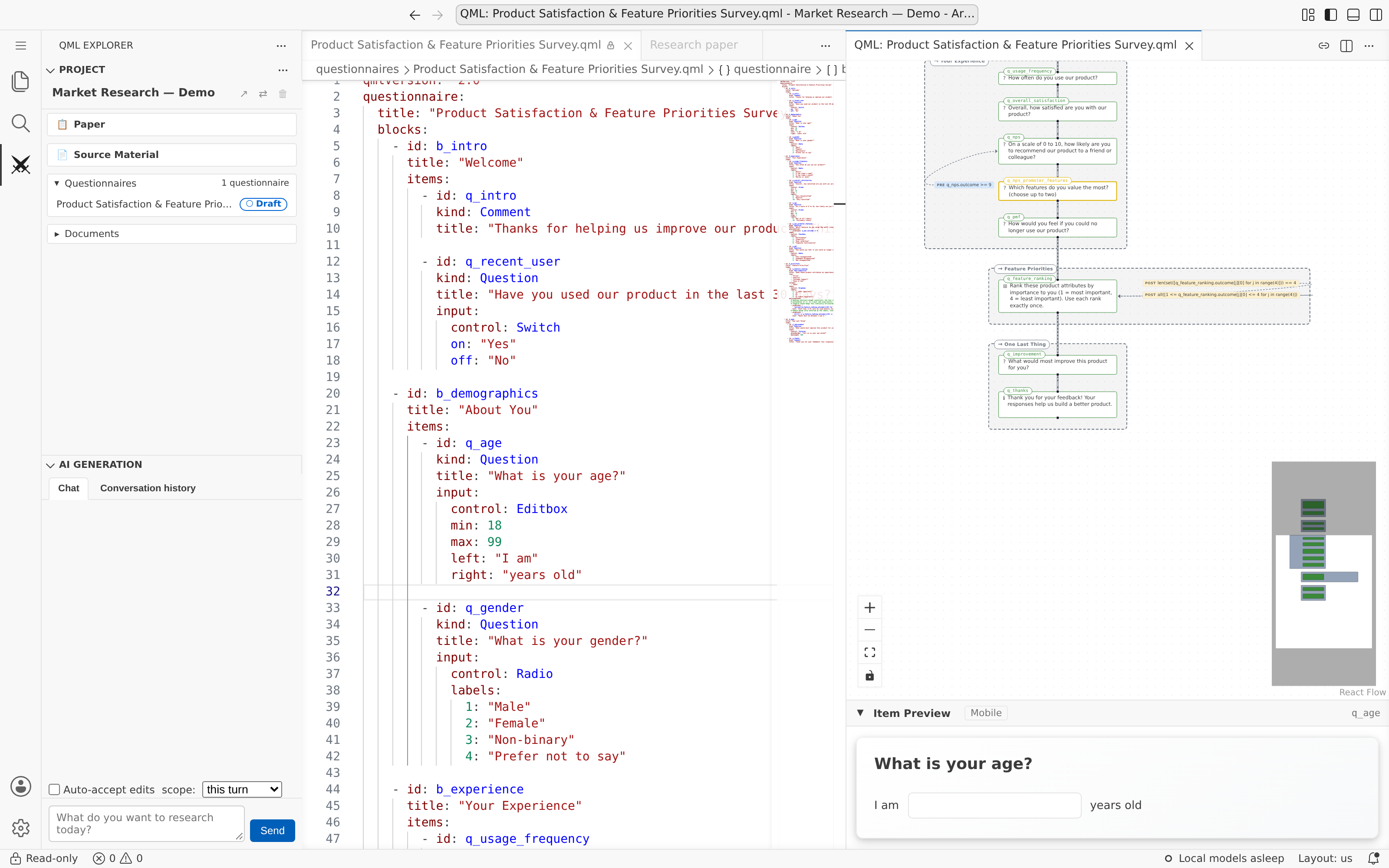 Armiger browser editor — a QML questionnaire beside its flow diagram and a live preview of the selected question, with zero problems reported