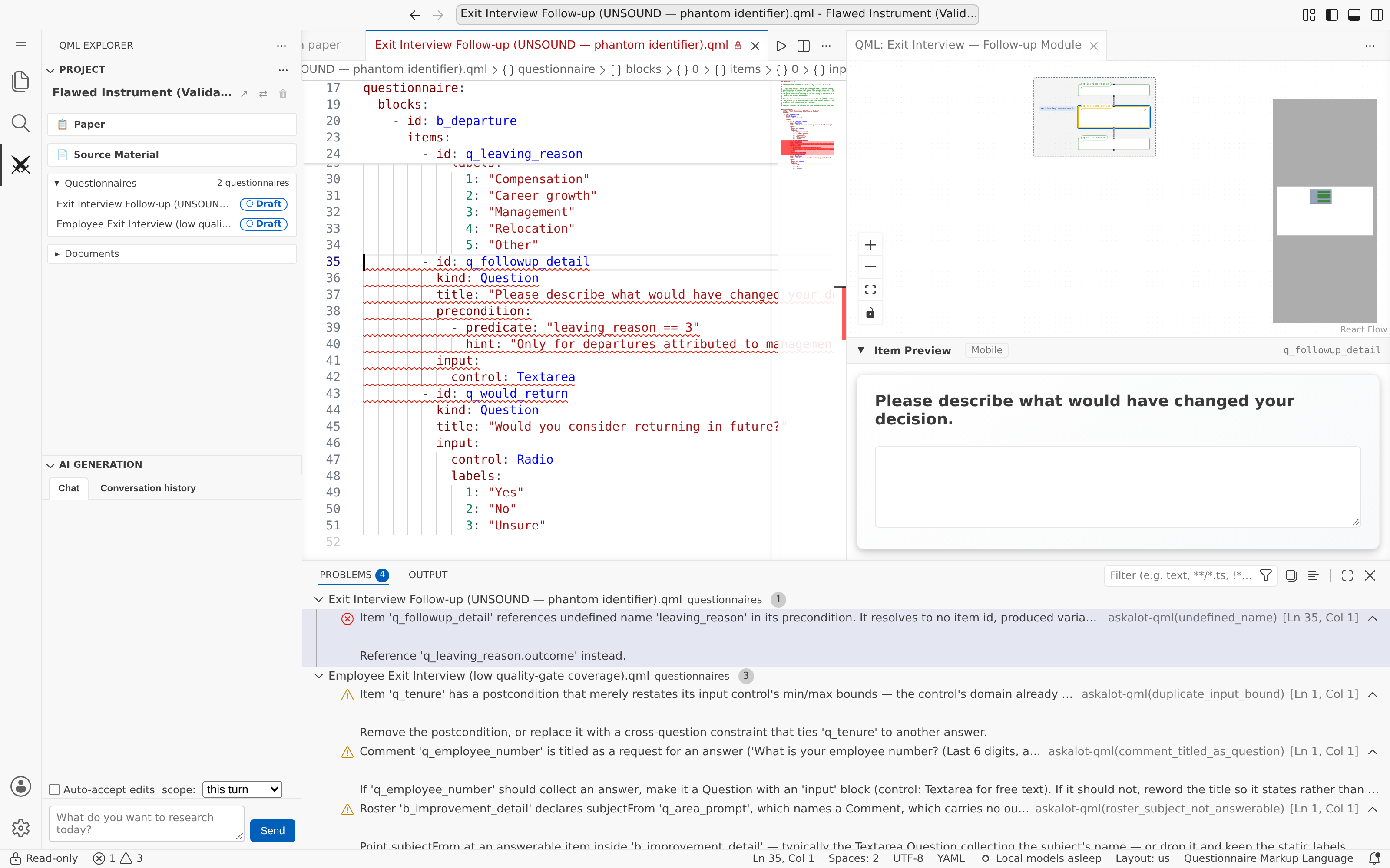 Armiger browser editor reporting an unsound questionnaire — a precondition names an identifier no item produces, flagged in the code, on the flow diagram and in the Problems panel