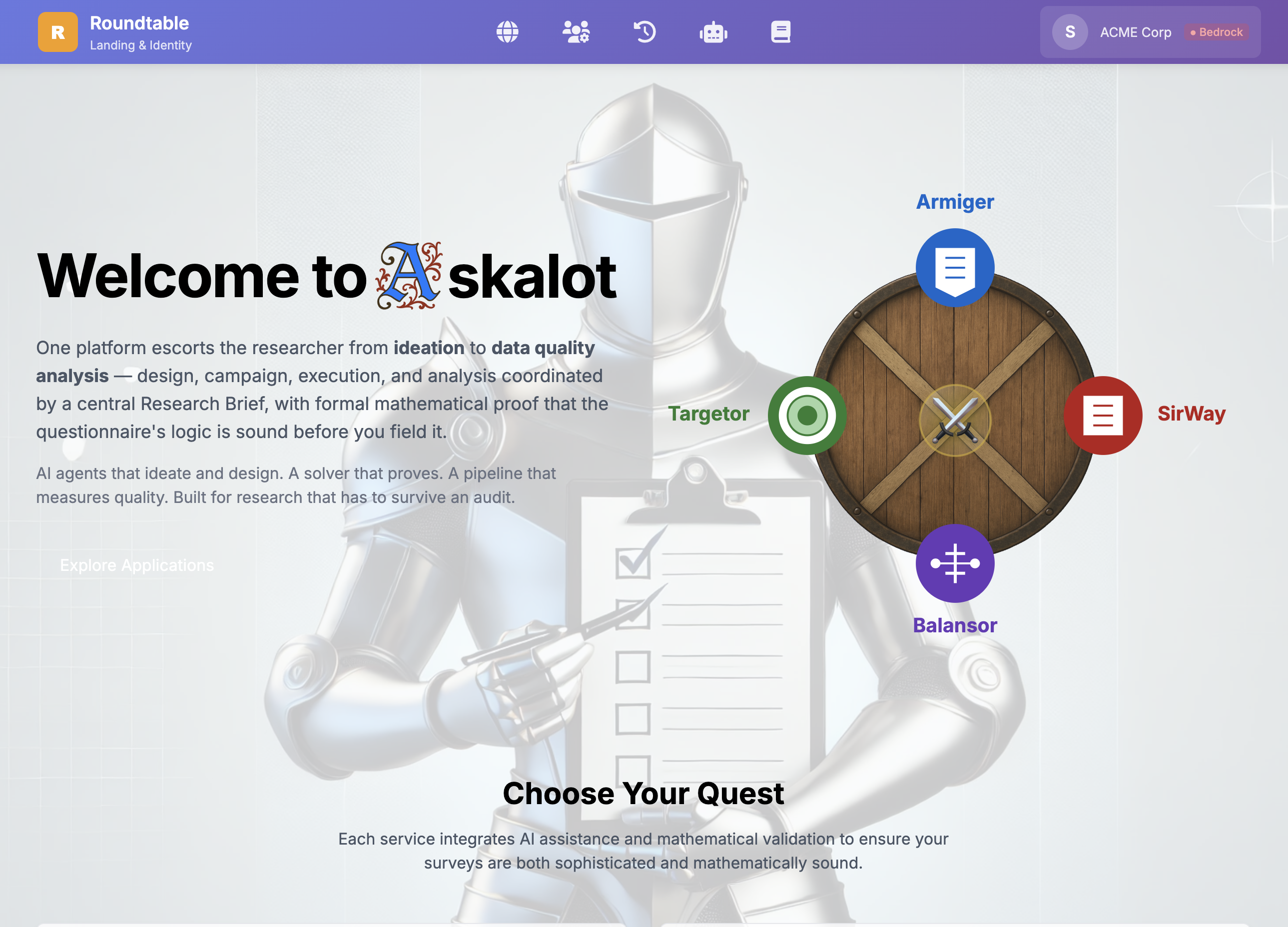 Askalot unified research hub — the Round Table navigation linking Armiger, Targetor, SirWay, and Balansor around a central Research Brief