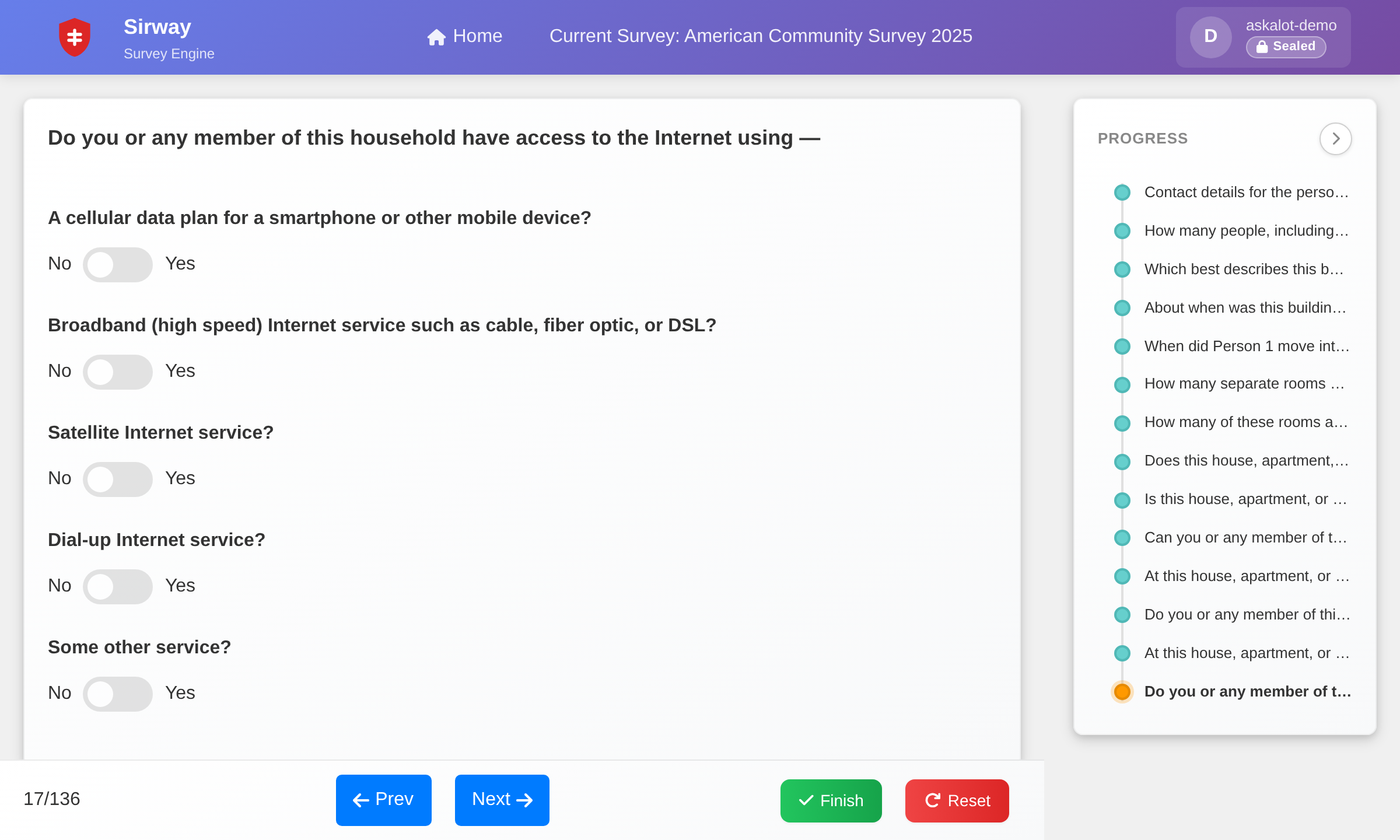 SirWay web survey — an American Community Survey question group with switch answers and the progress rail of reached items